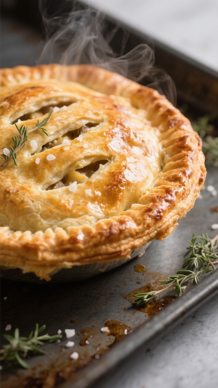 Close-up detail: A golden-brown chicken pot pie just out of the oven, crust deeply blistered and fla
