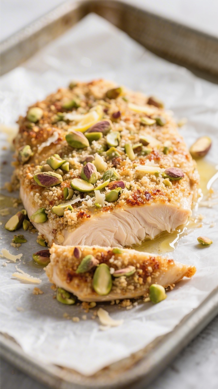 Close-up detail: A just-baked pistachio-crusted chicken breast resting on a parchment-lined baking s