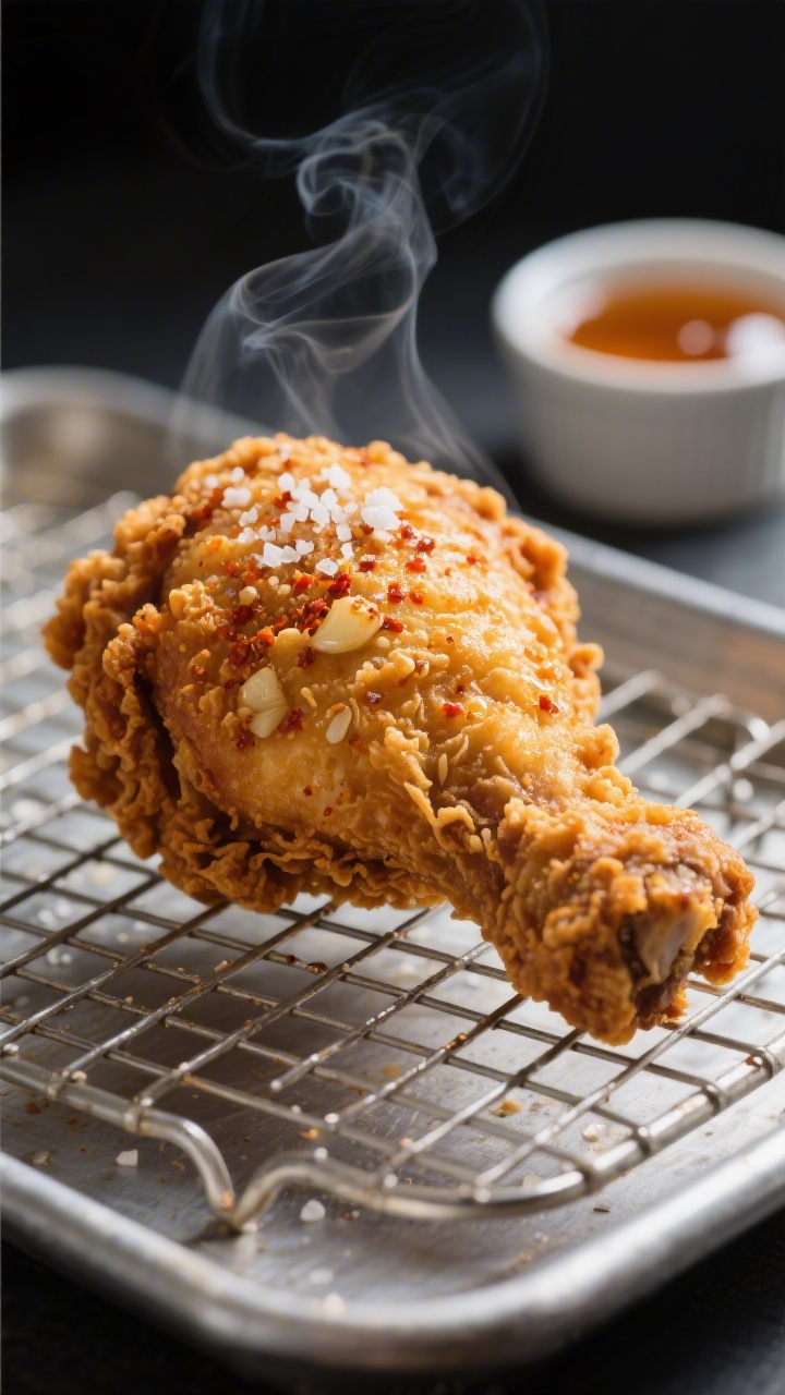 Close-up detail: A just-fried southern fried chicken thigh resting on a wire rack over a sheet pan,