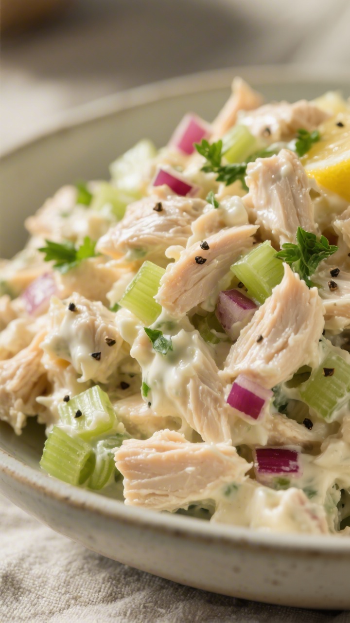 Close-up detail: A mound of creamy deli-style chicken salad just after mixing, showing small, even p