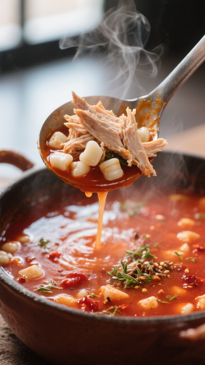 Close-up detail: A steaming ladle lifting tender shredded chicken and plump white hominy from a rich