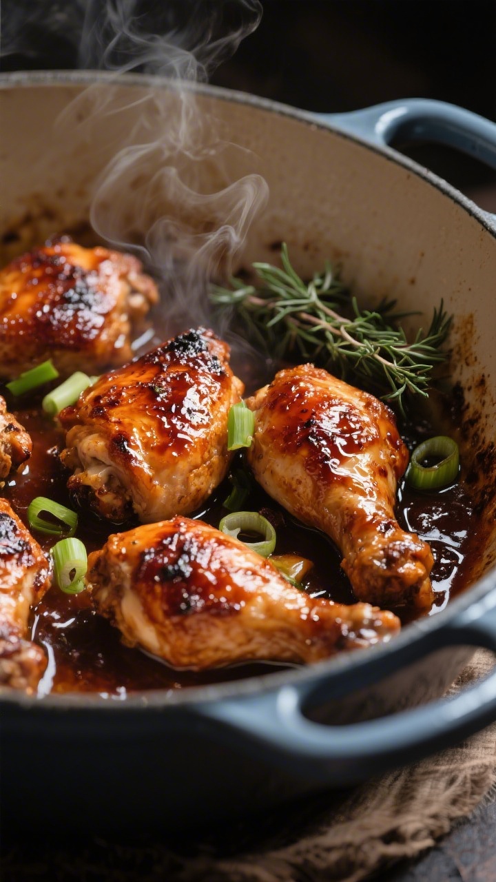 Close-up detail: Caramelized chicken pieces being coated in deep amber “burnt sugar” in a heavy