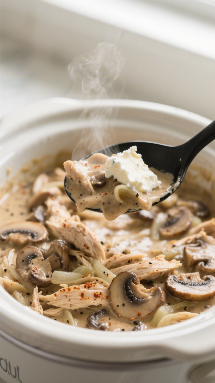 Close-up detail: Creamy crockpot chicken stroganoff just after stirring in cream cheese and sour cre