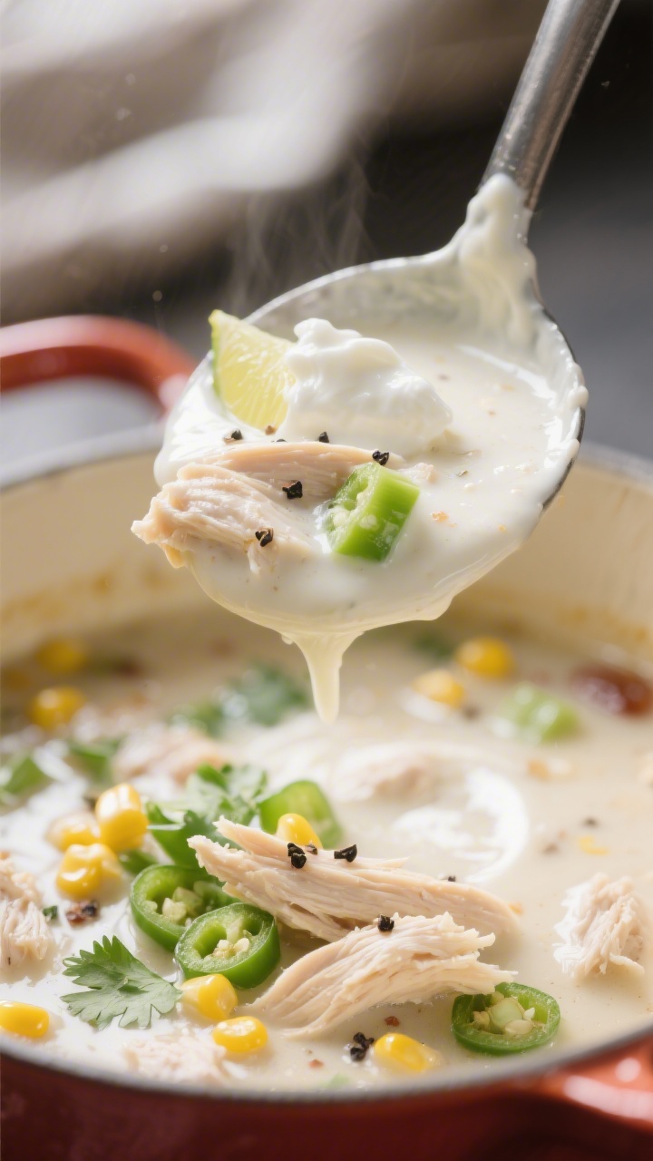 Close-up detail, creamy finish: Tight macro of a ladle lifting ultra-creamy white chicken chili from