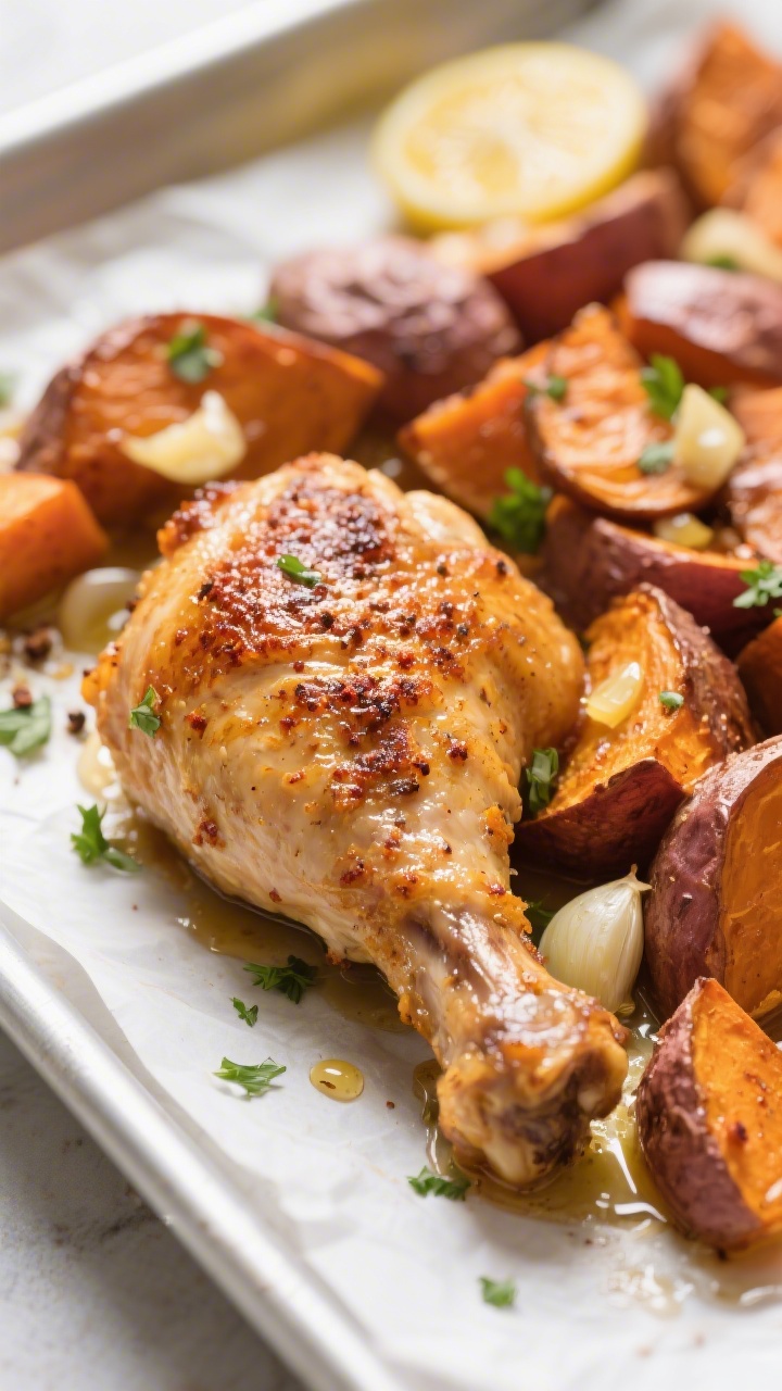 Close-up detail: Crispy, golden-brown bone-in chicken thigh fresh from the oven, skin blistered and