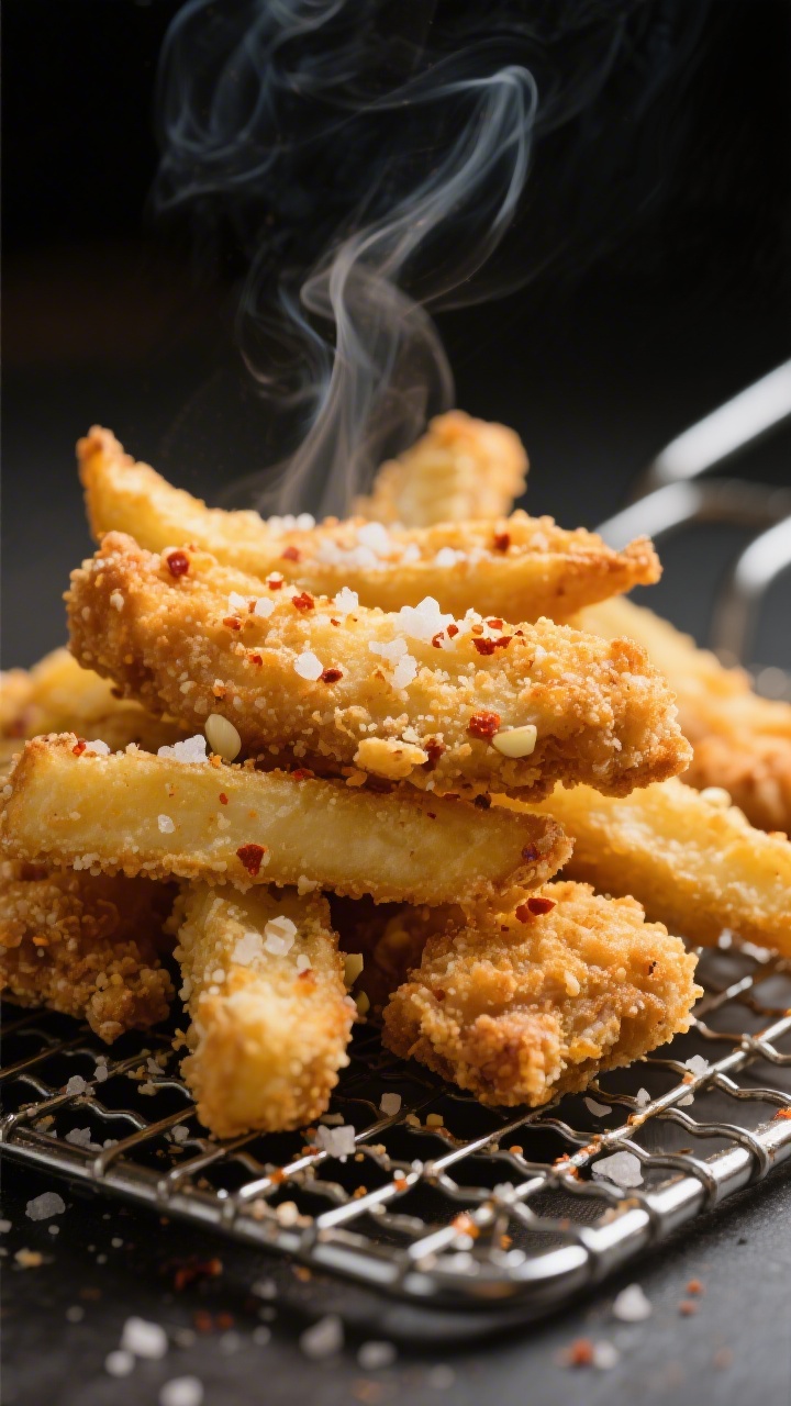 Close-up detail: Crispy golden chicken fries just out of the fryer, stacked on a wire rack with visi