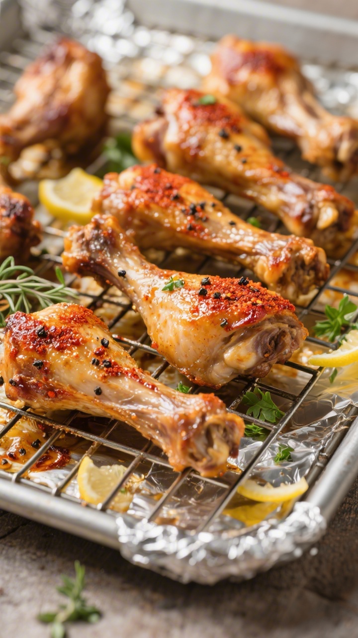 Close-up detail: Crispy roasted chicken necks just out of the oven on a wire rack over a foil-lined