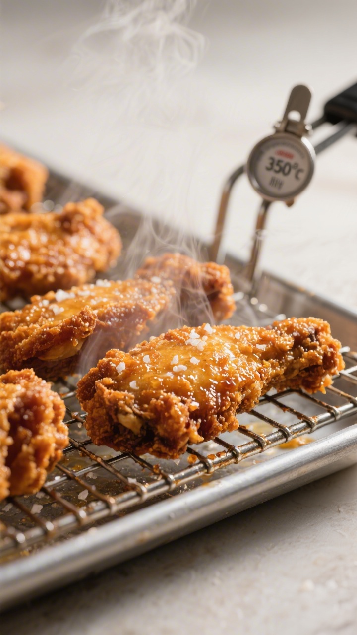 Close-up detail: Extra-crispy honey hot chicken tenders just out of the fryer on a wire rack over a