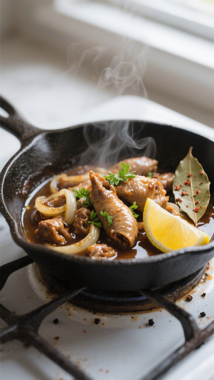Close-up detail: Fork-tender chicken gizzards just out of a gentle simmer, glistening in a reduced,