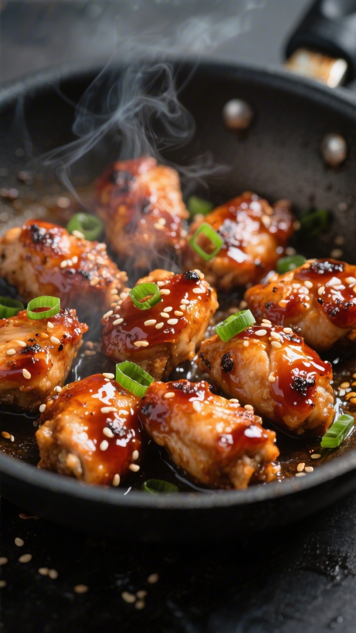 Close-up detail: Glazed chicken gochujang bites sizzling in a skillet during the “make it saucy”