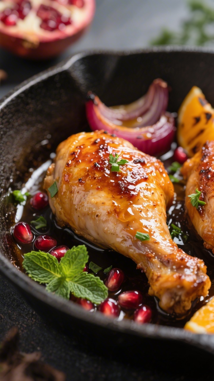 Close-up detail: Glazed roasted chicken thigh, skin blistered and deep golden with lacquered citrus-