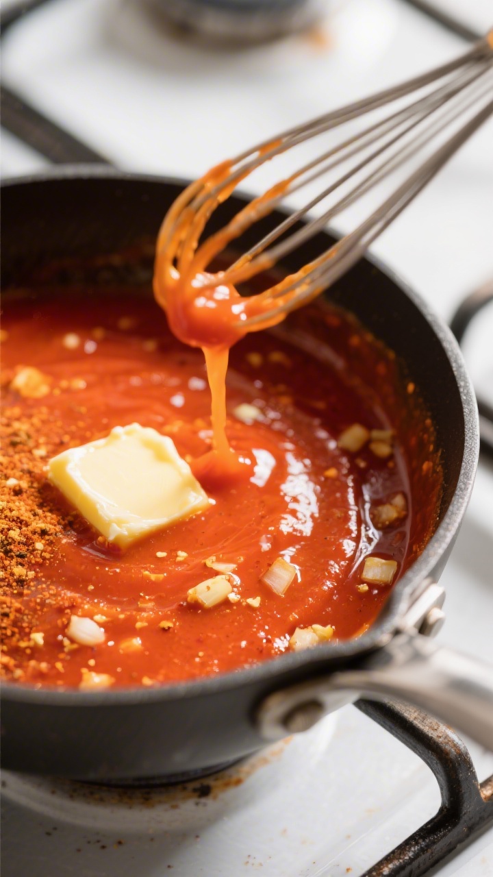 Close-up detail: Glossy buffalo chicken sauce being whisked to a silky emulsion in a small saucepan