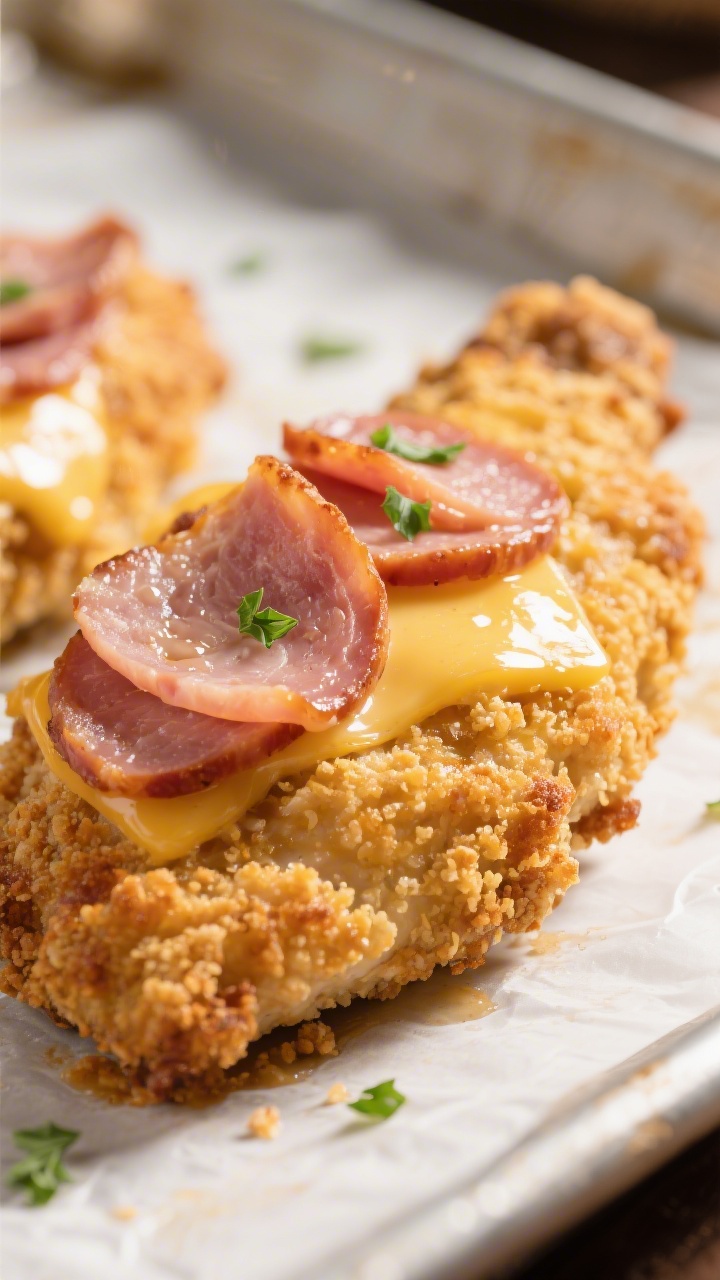 Close-up detail: Golden, breadcrumb-crusted Malibu chicken just out of the oven, topped with two glo