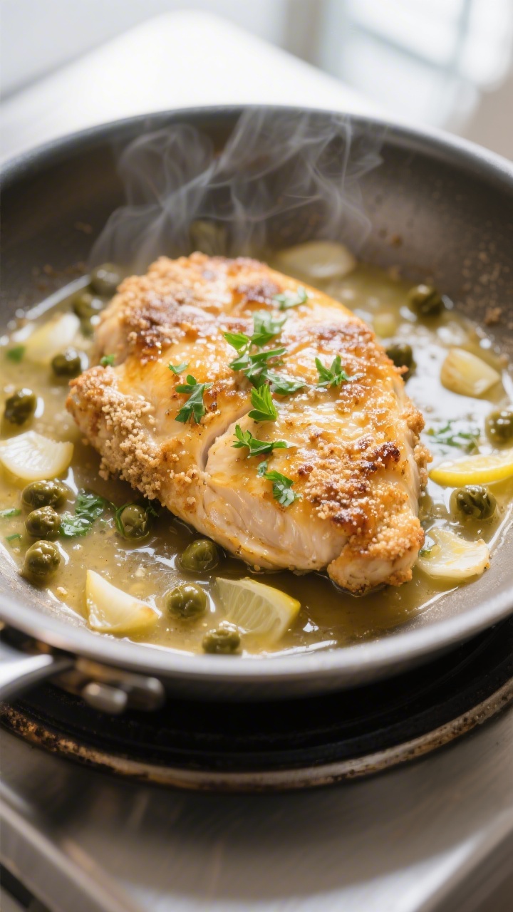 Close-up detail: Golden-brown chicken piccata cutlet just returned to the pan, glistening with a glo