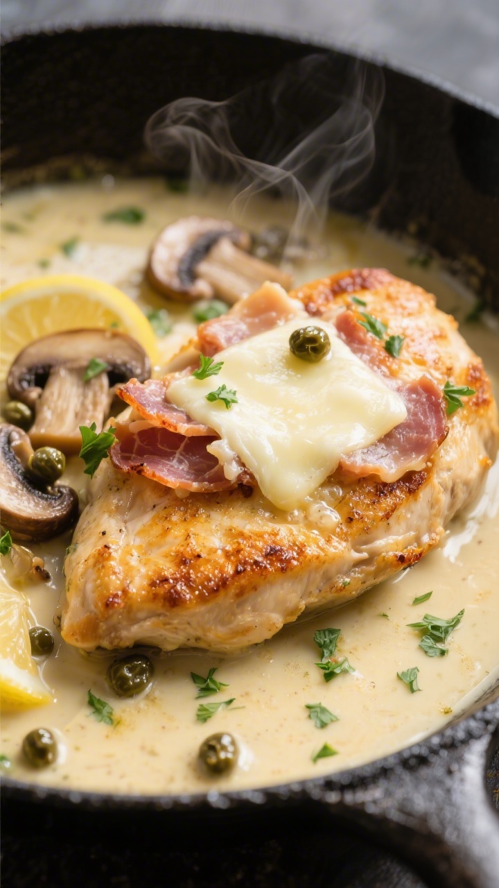 Close-up detail: Golden-browned chicken cutlet nestled in a skillet of buttery lemon-white wine sauc