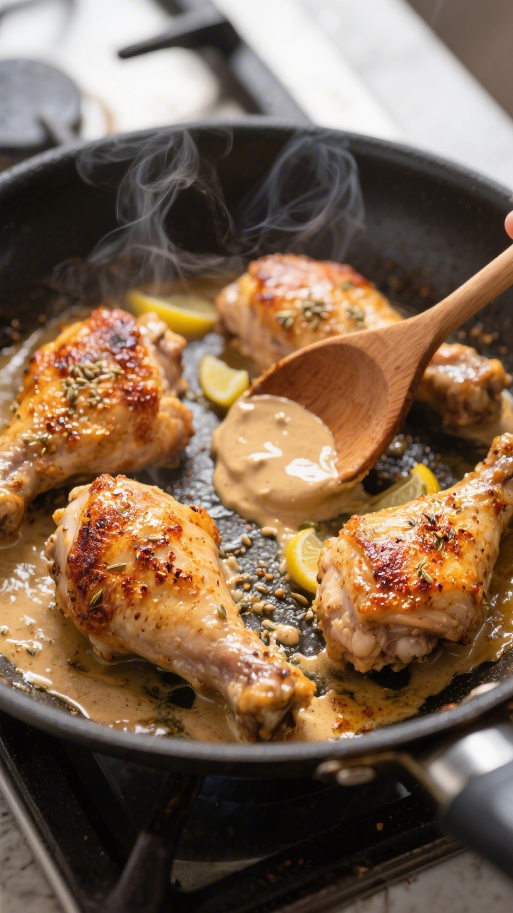 Close-up detail: Golden-browned chicken thighs sizzling in a skillet during the deglazing step, fond