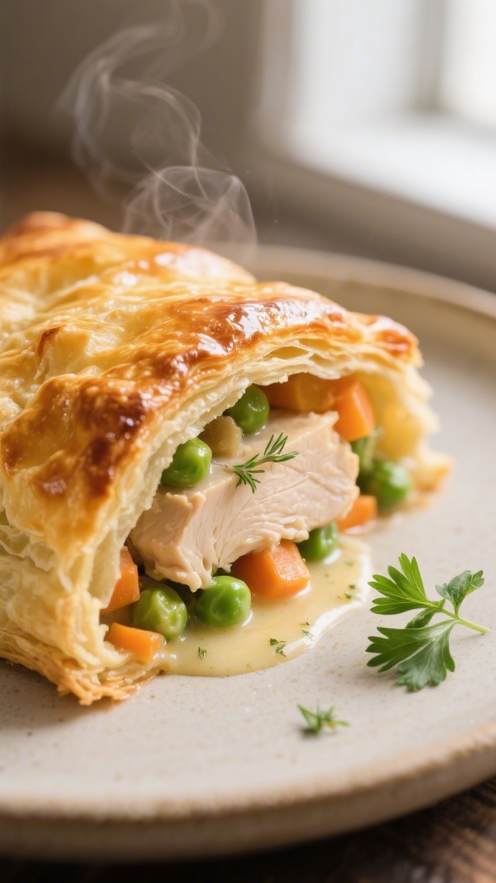Close-up detail: Golden, flaky chicken pastry just out of the oven, edges puffed and deeply carameli