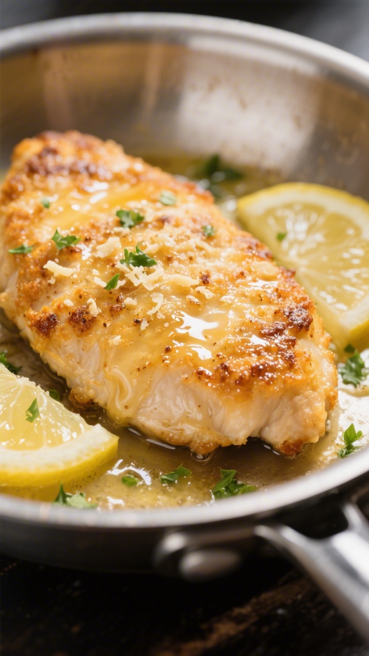 Close-up detail: Golden pan-fried Chicken Francaise cutlet just after searing, shimmering with a thi