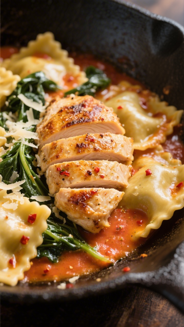 Close-up detail: Golden pan-seared chicken cutlets sliced into juicy strips nestled among cheese rav