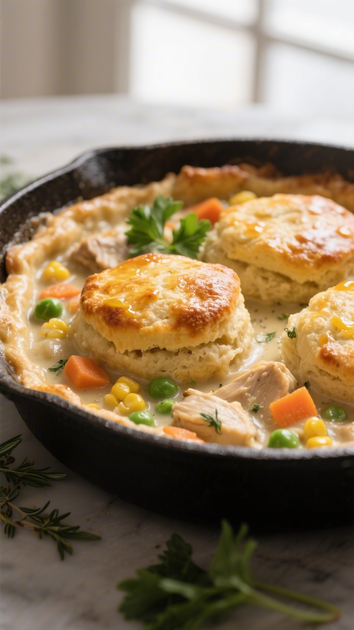 Close-up detail: Golden, puffed biscuits baked on top of a bubbling chicken pot pie filling in a cas