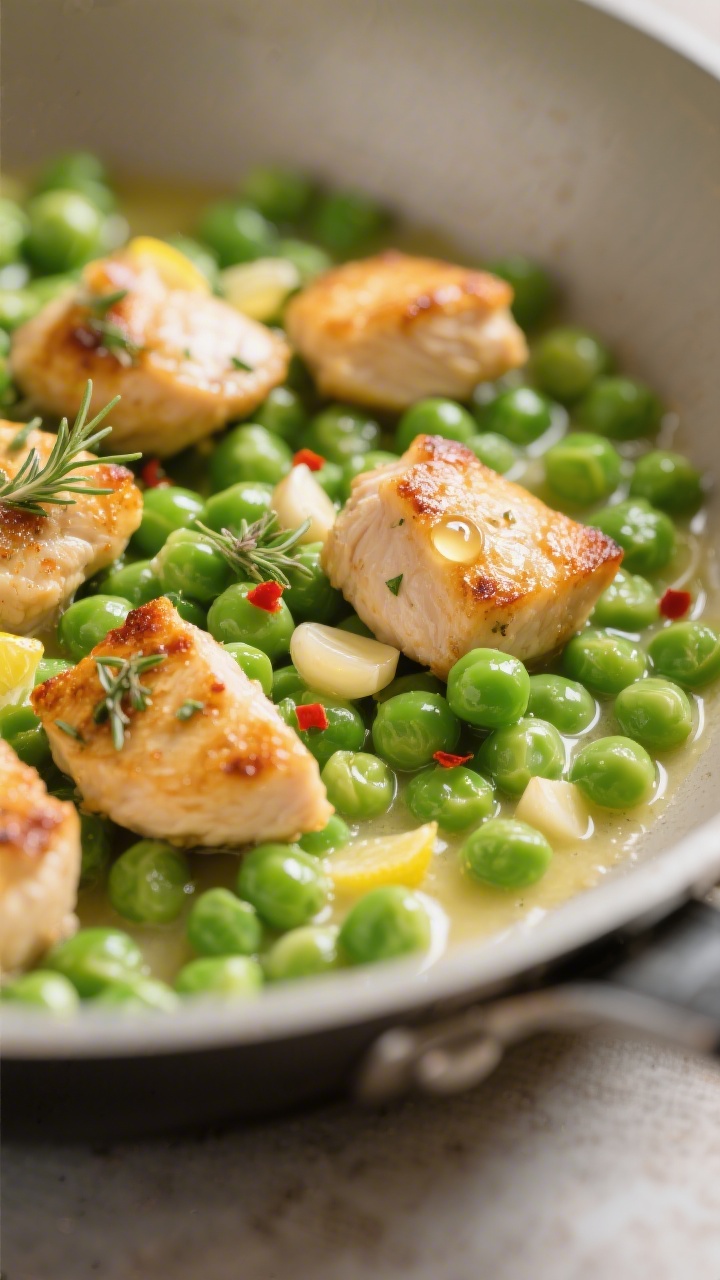 Close-up detail: Golden-seared bite-size chicken pieces nestled in bright, tender peas in a light, g