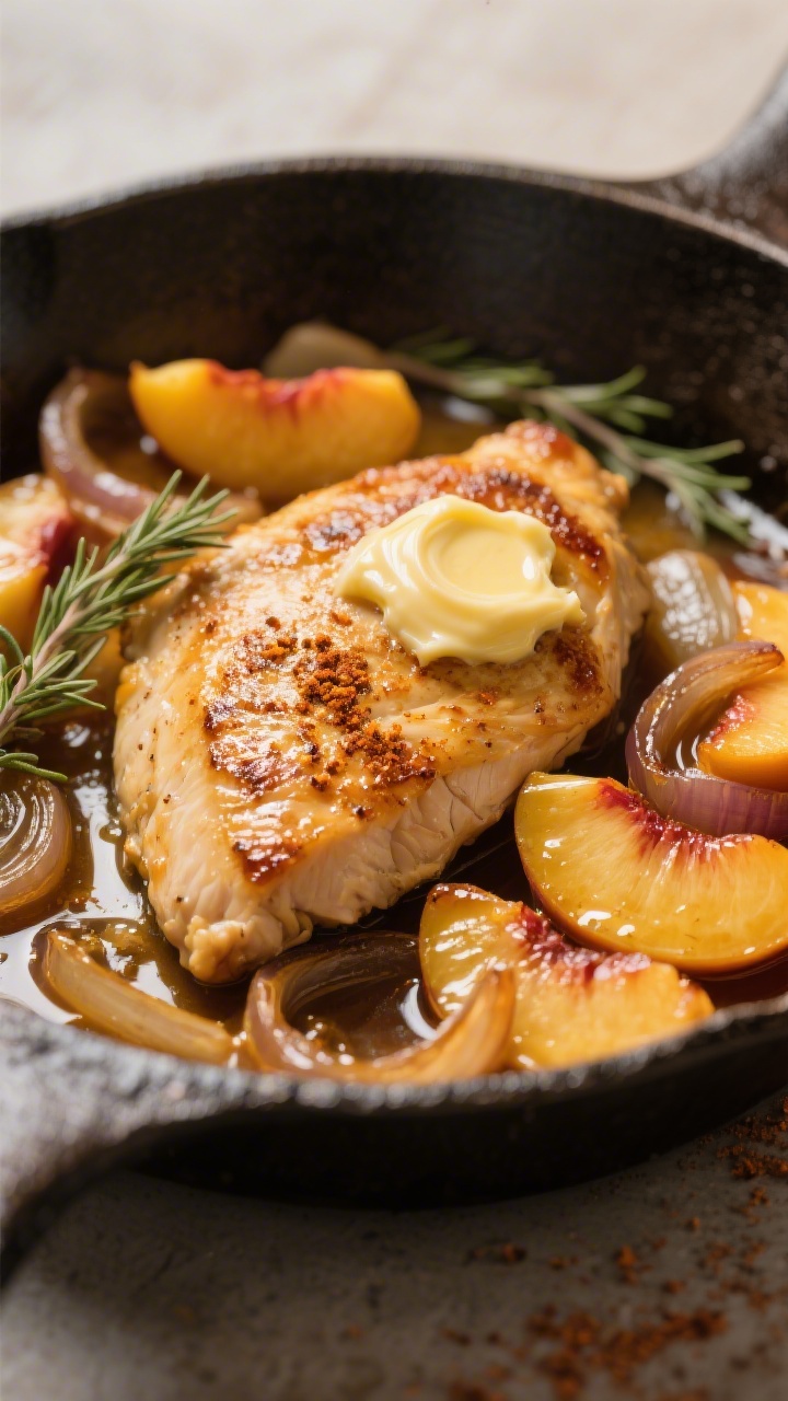 Close-up detail: Golden-seared chicken breasts nestled with caramelized peach wedges and translucent