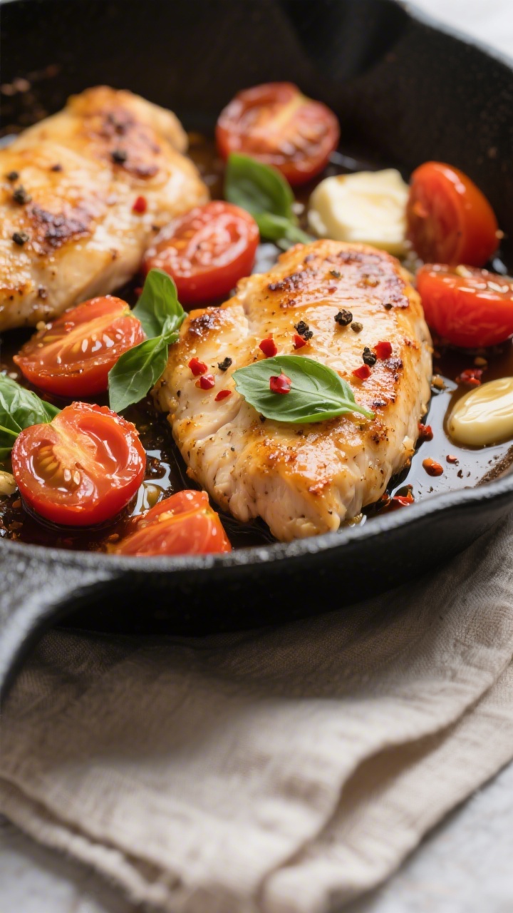 Close-up detail: Golden-seared chicken cutlets nestled in a skillet with burst cherry tomatoes and g