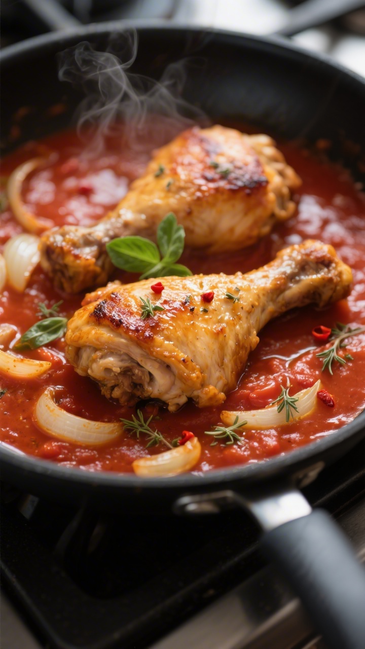 Close-up detail: Golden-seared chicken thighs nestled back into a gently simmering tomato sauce in a