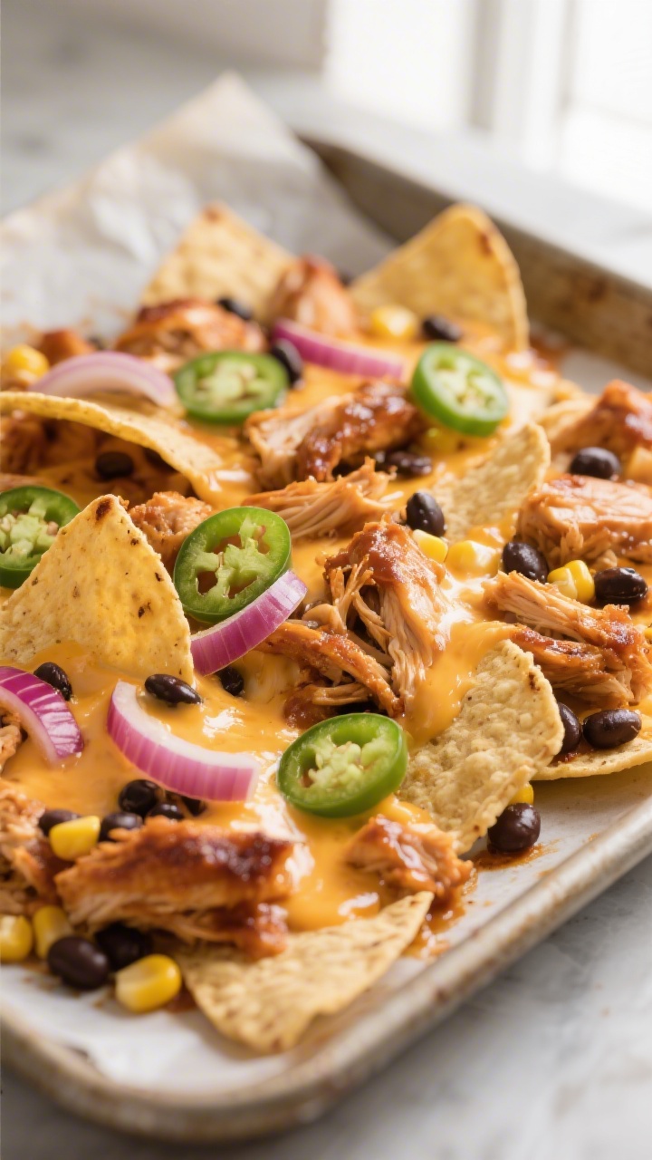 Close-up detail: Gooey BBQ chicken nachos just out of the oven on a parchment-lined sheet pan, chees