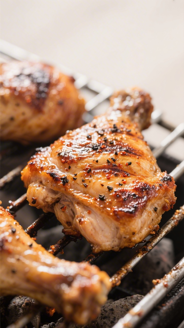 Close-up detail: Juicy grilled chicken thighs over two-zone heat, skin-side down with deep golden-br