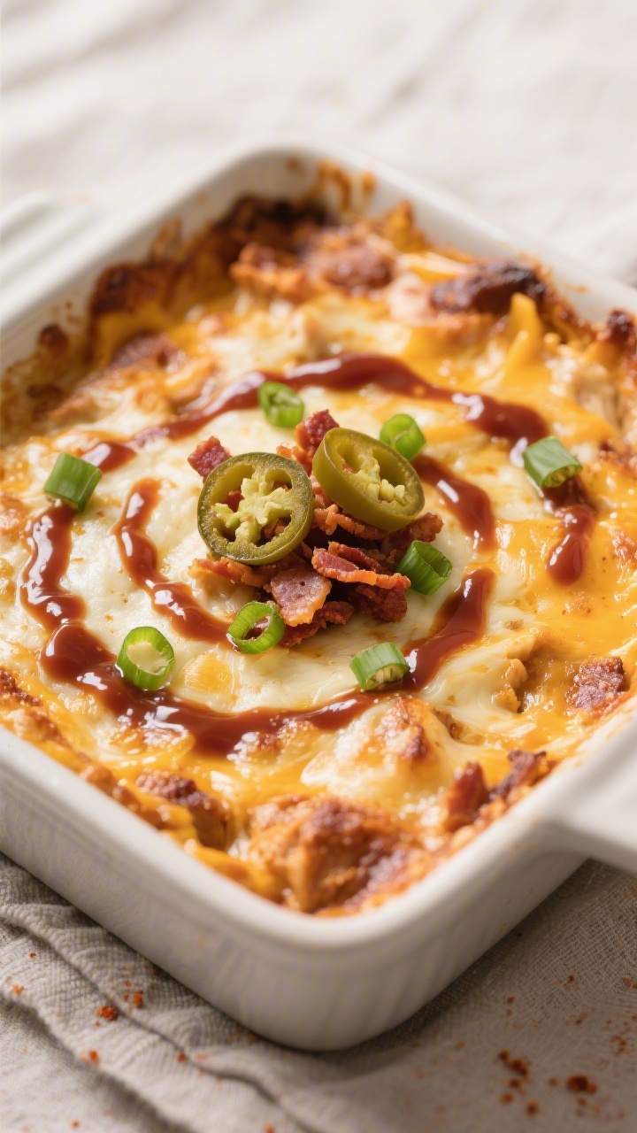 Close-up detail: Just-baked BBQ chicken dip in an 8x8 ceramic baking dish, edges bubbling with caram