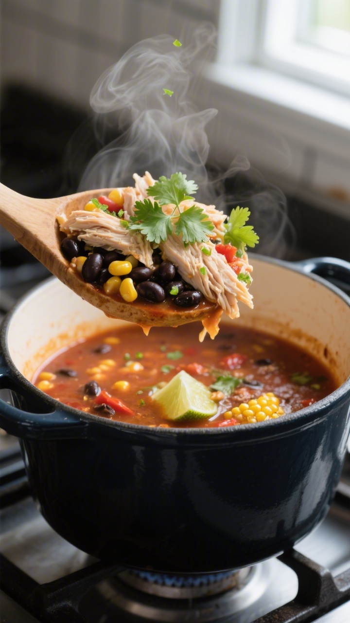 Close-up detail: Ladle lifting cooked chicken tortilla soup from a simmering pot, showcasing tender