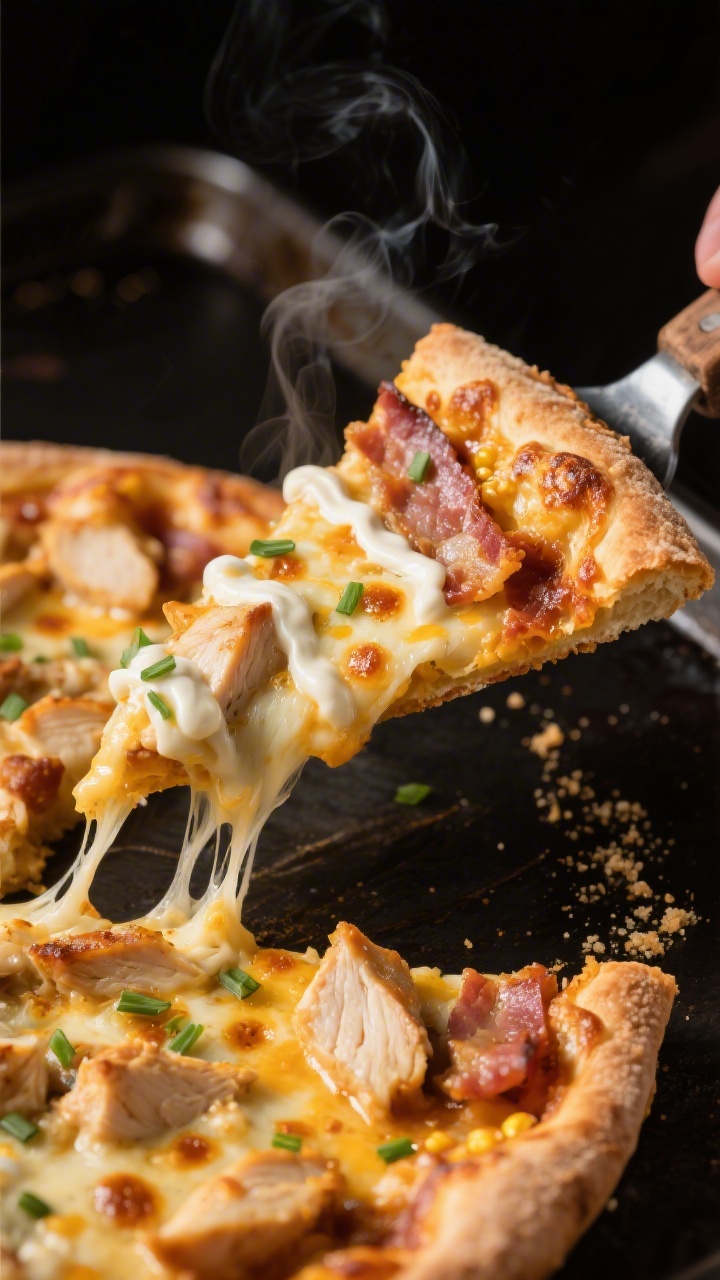 Close-up detail — Macro shot of a just-baked slice being lifted from the pie on a dark sheet pan,