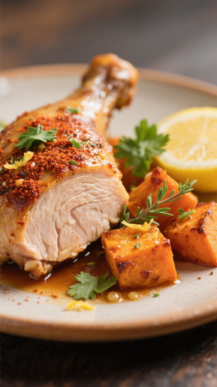 Close-up detail of a sliced chicken thigh showing ultra-juicy interior with a glistening garlicky-sm