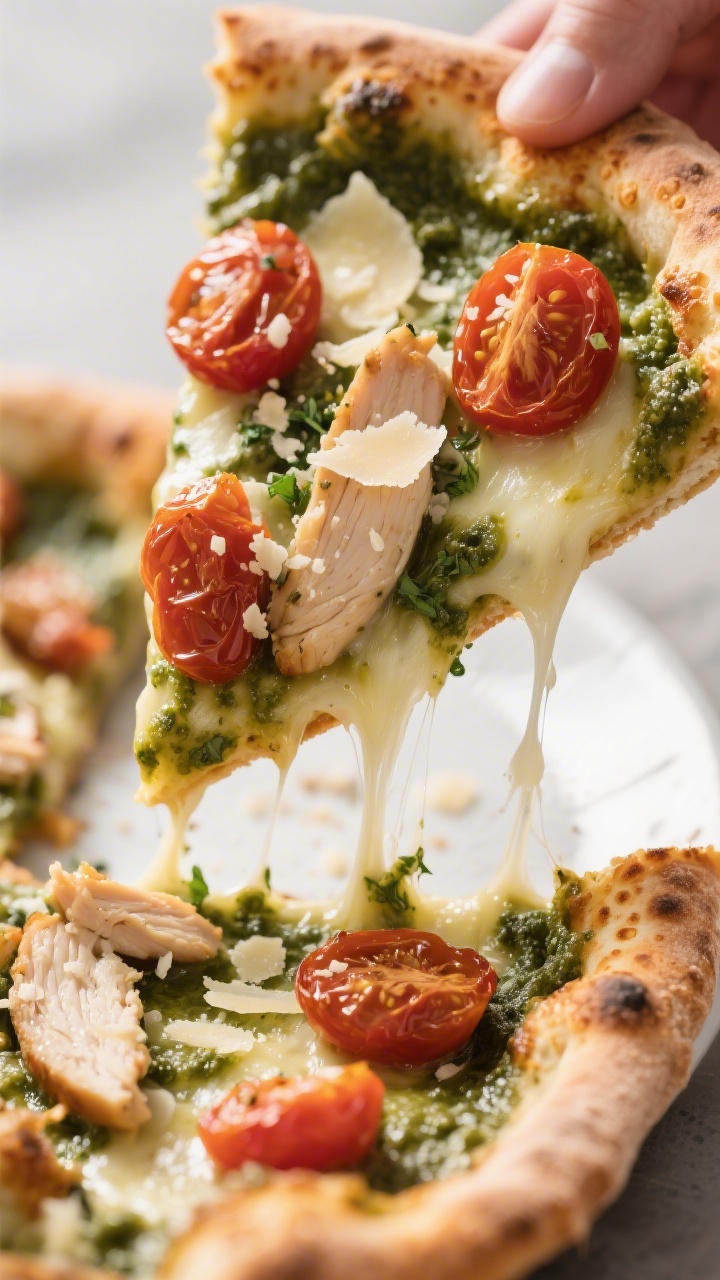 Close-up detail of a sliced wedge of Chicken Pesto Pizza being lifted from the pie, showing stretchy