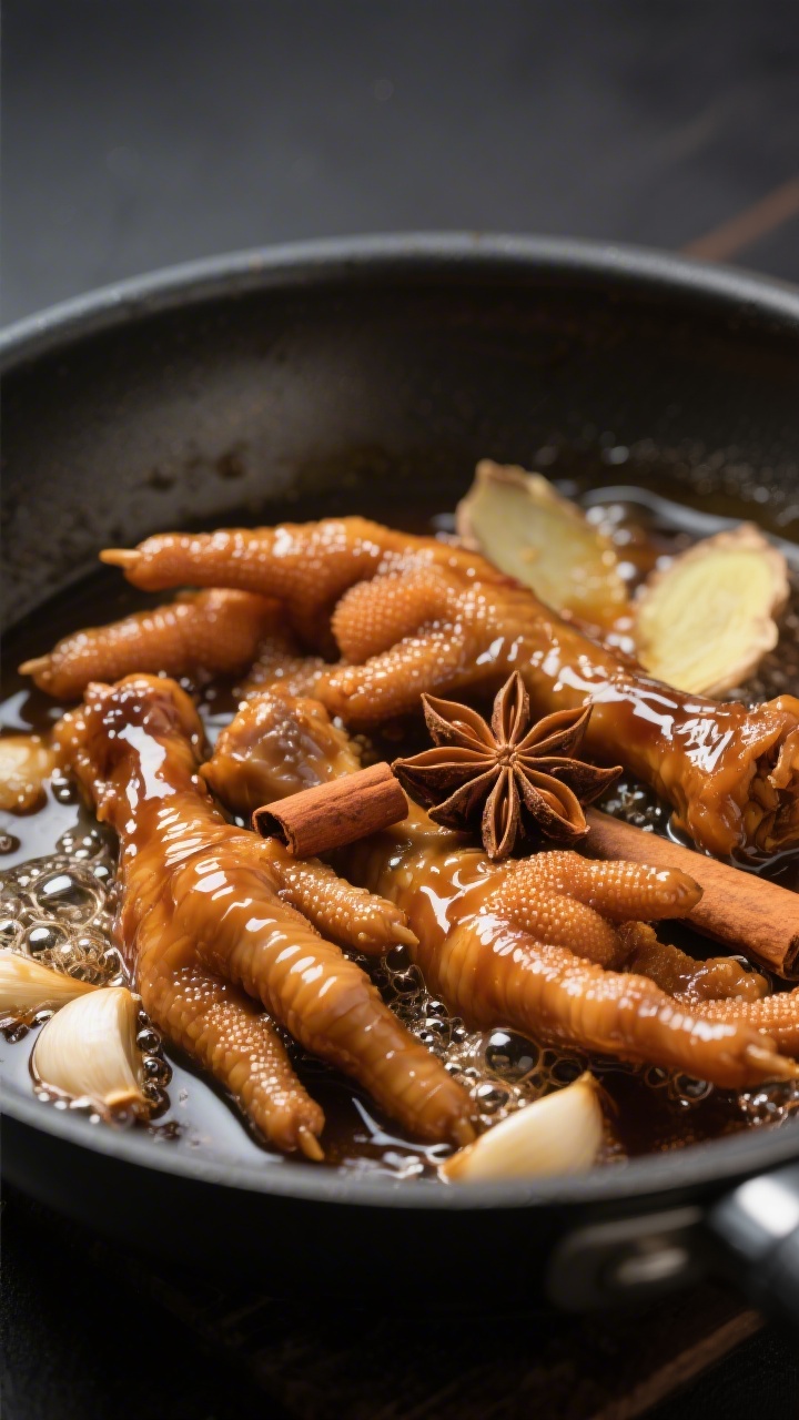 Close-up detail of braised chicken feet mid-reduction in a wide pan: glossy, lacquered skin clinging
