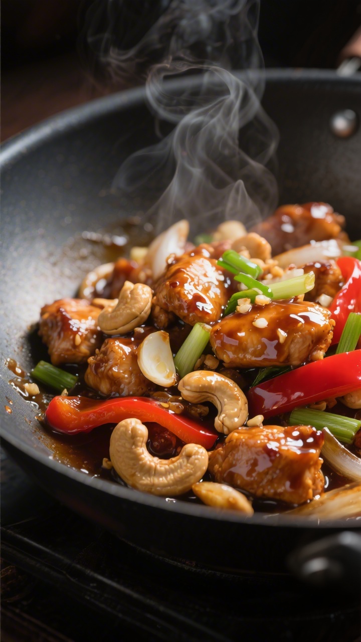 Close-up detail of glossy cashew chicken just after the sauce thickens in the wok: bite-sized seared
