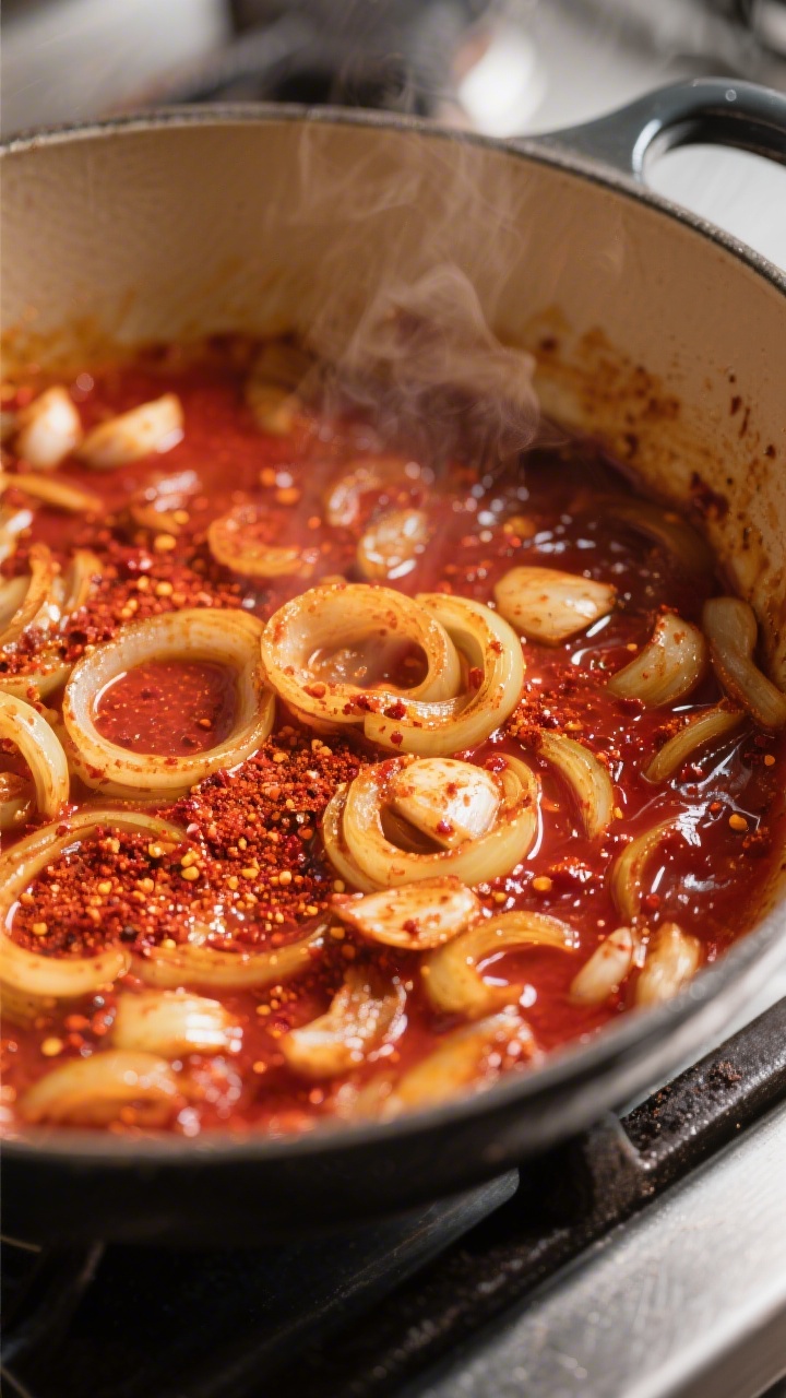 Close-up detail: Sautéed onions and paprika-coated garlic base just after paprika is stirred off-he