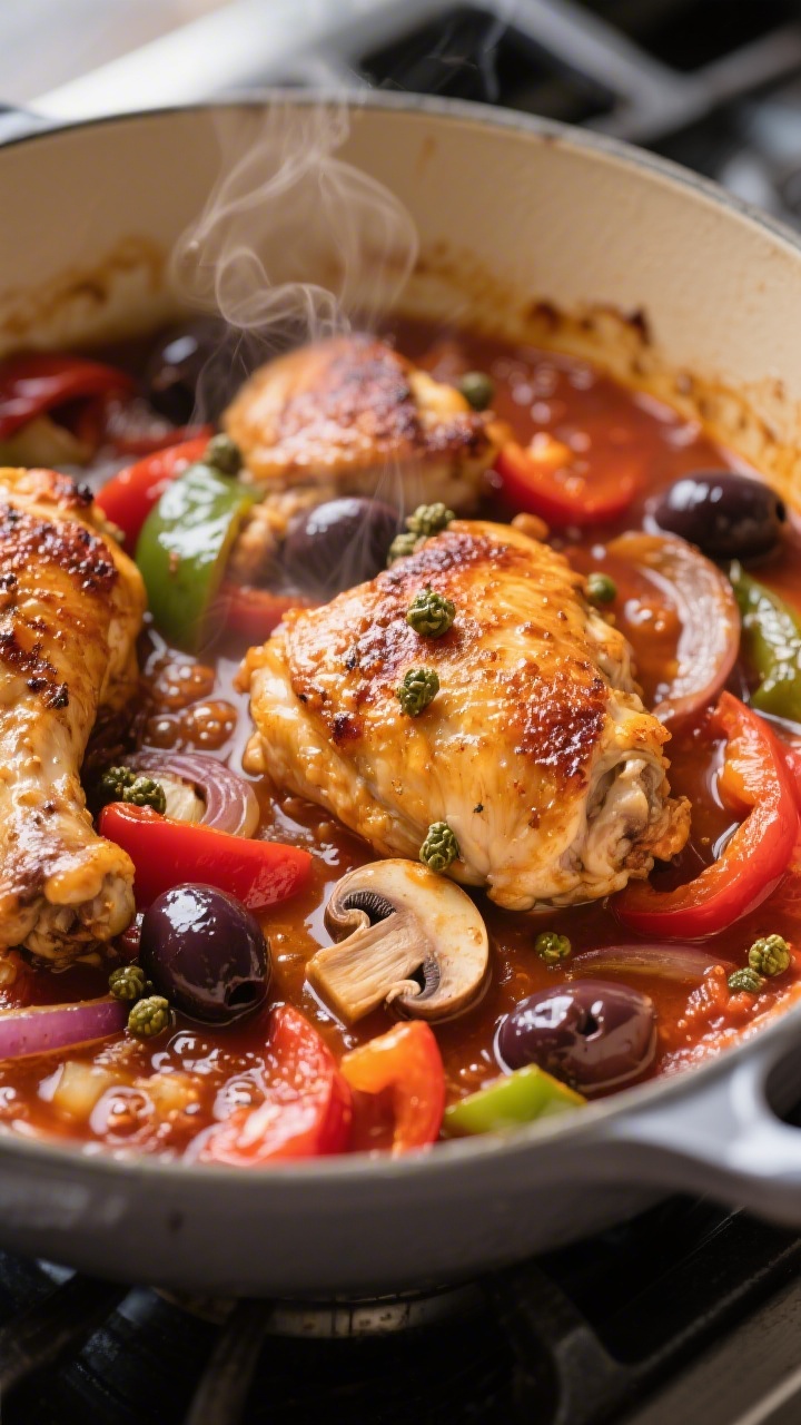Close-up detail: Seared, golden-brown chicken thighs nestled in a simmering tomato-wine sauce with s