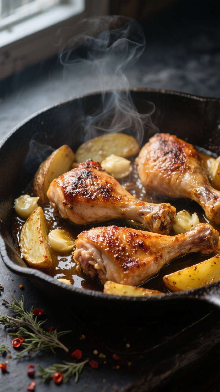 Close-up detail: Searing chicken Vesuvio thighs and drumsticks skin-side down in a 12-inch oven-safe