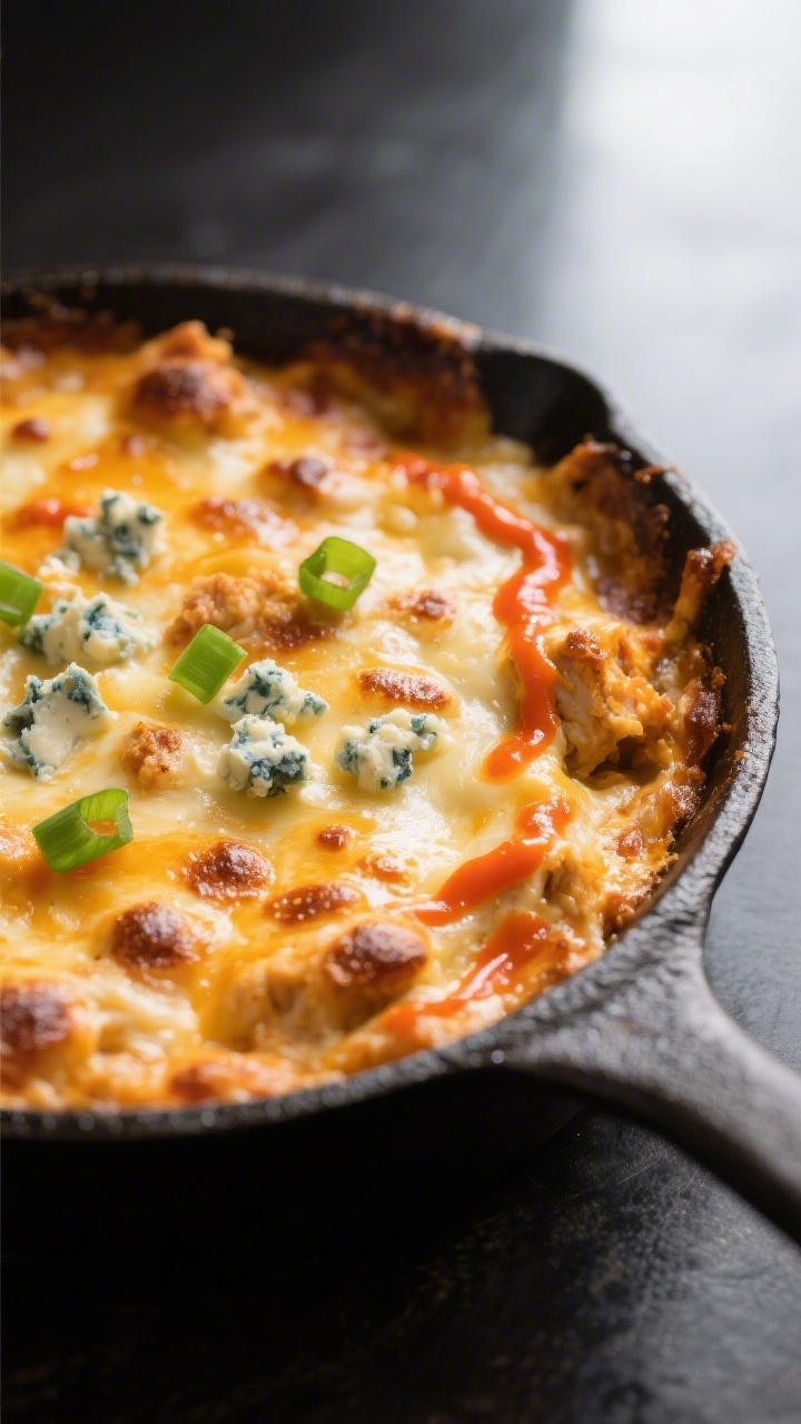Close-up detail shot: A bubbling buffalo chicken dip just out of the oven in a small cast-iron skill