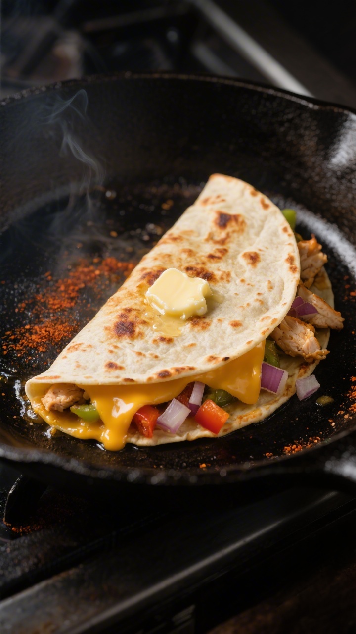 Close-up detail shot: A golden-brown chicken quesadilla half-moon sizzling in a cast-iron skillet ov