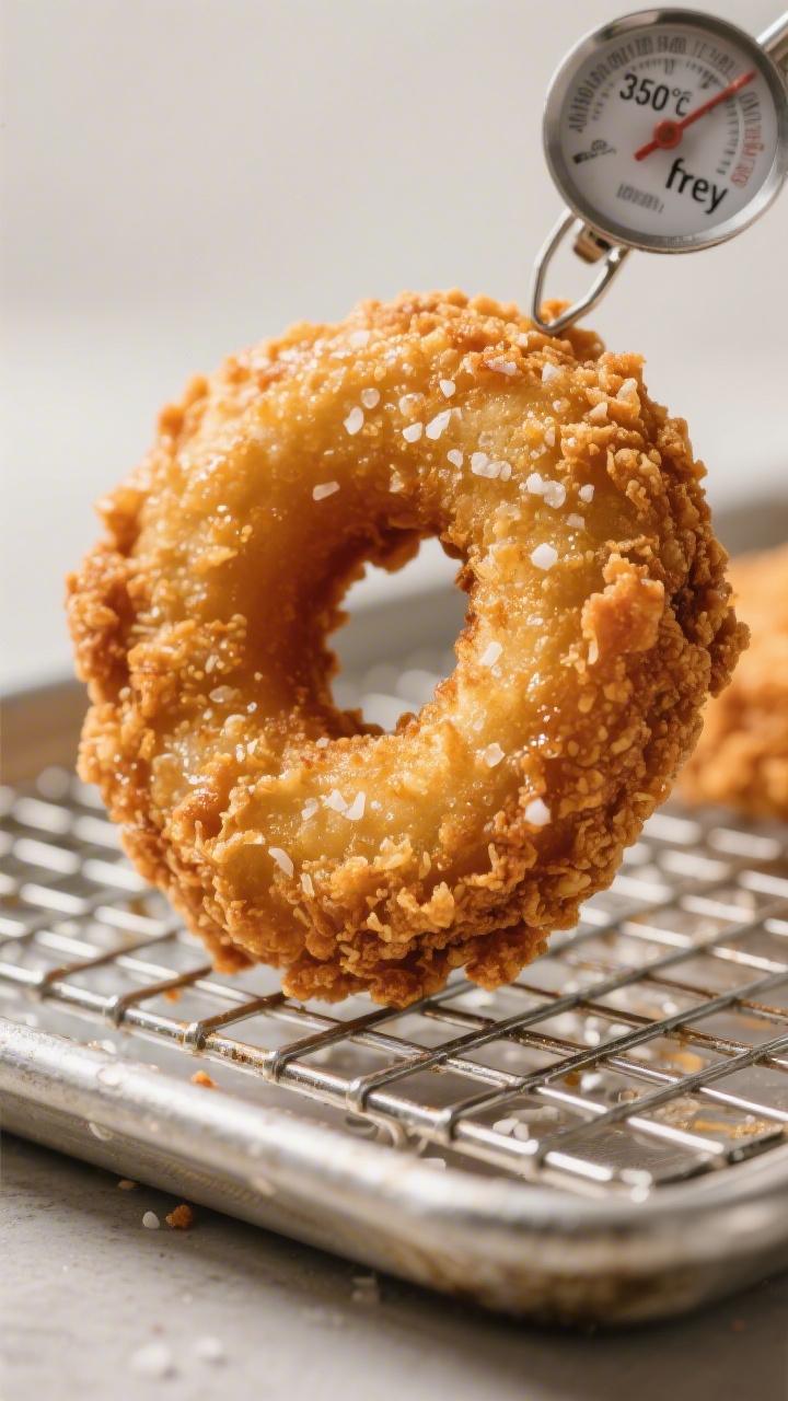 Close-up detail shot of a freshly fried chicken donut just lifted from the oil and resting on a wire