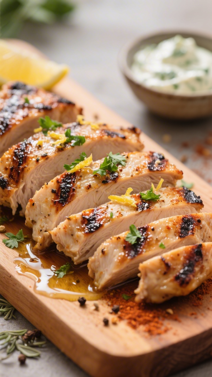 Close-up detail shot of sliced grilled chicken thighs with deep char marks and juicy interior, glist