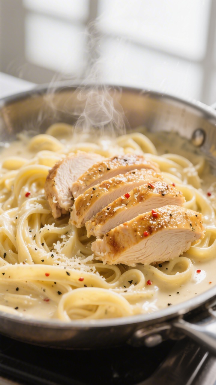 Close-up detail: Silky alfredo-coated fettuccine being tossed with sliced golden-seared chicken in a