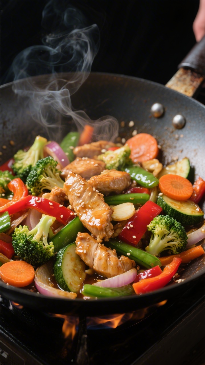 Close-up detail: Sizzling chicken stir fry mid-cook in a carbon-steel wok over high heat, showing se
