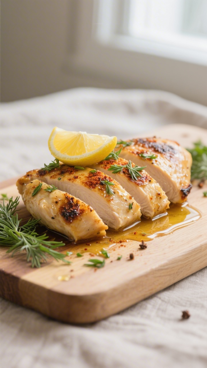 Close-up detail: Sliced, golden pan-seared chicken breast, glistening with olive oil and speckled wi