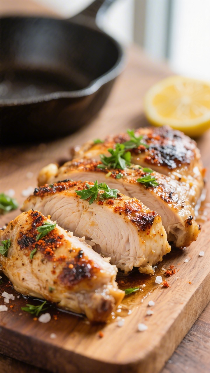 Close-up detail: Sliced Greek chicken thighs fresh off a hot skillet, showcasing juicy interiors and