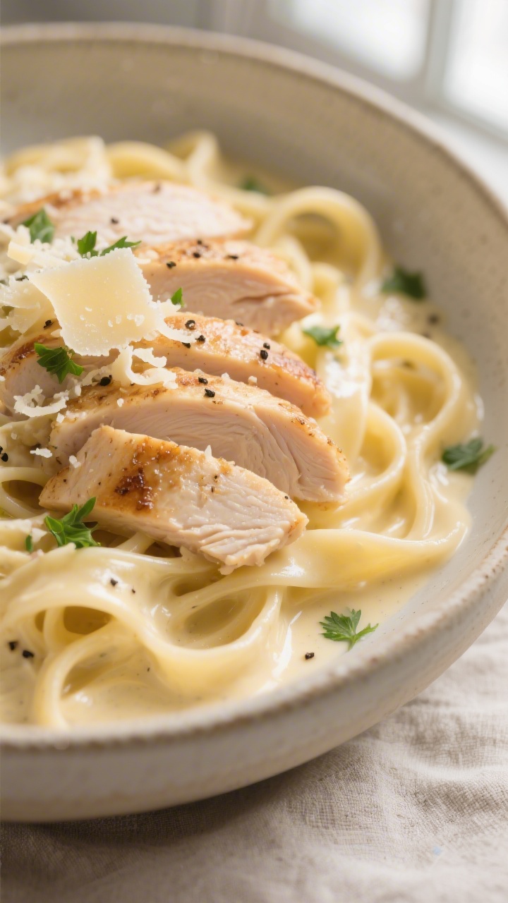 Close-up detail: Sliced seared chicken breast strips nestled in creamy Alfredo sauce clinging to fet