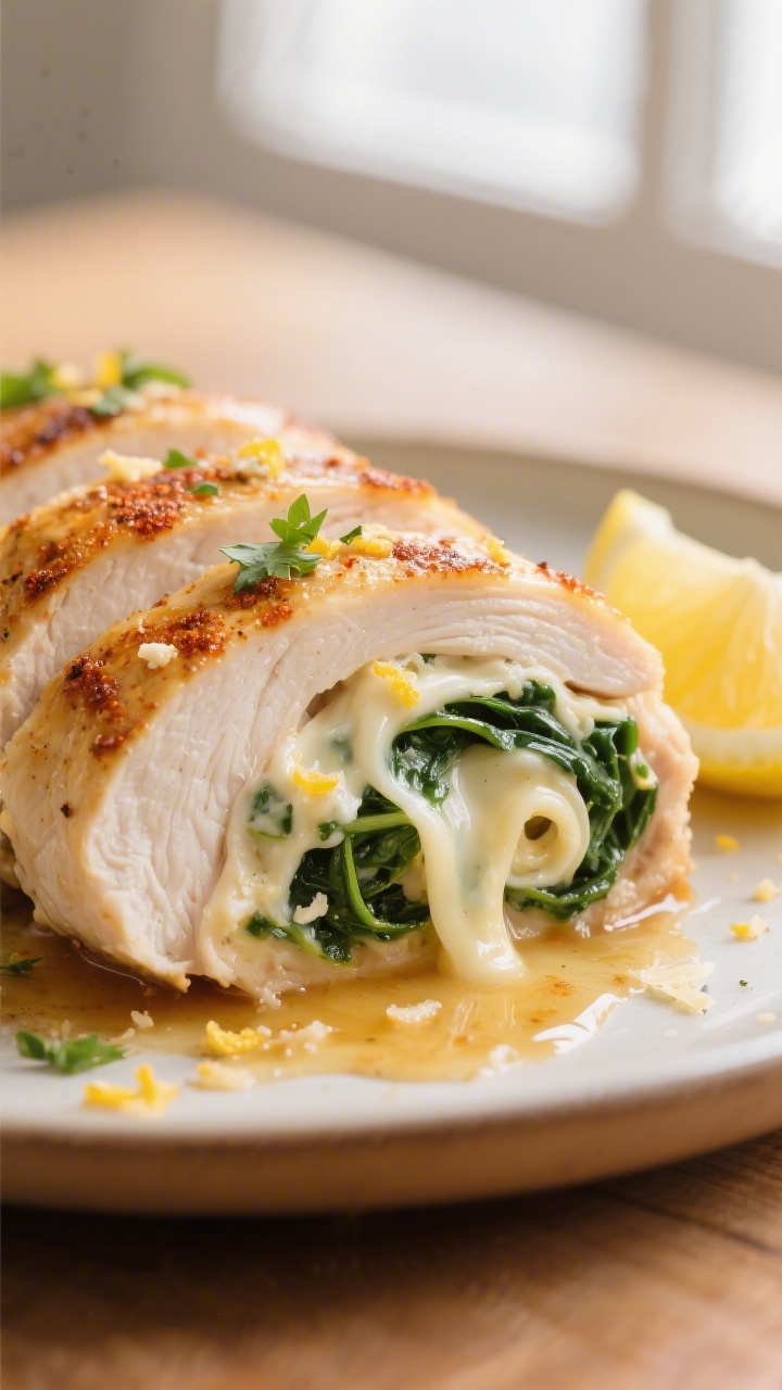 Close-up detail: Sliced stuffed chicken breast just after resting, showing creamy spinach, mozzarell